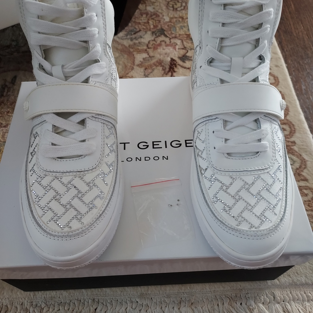White and Silver Crystal Accent High-Top Sneakers